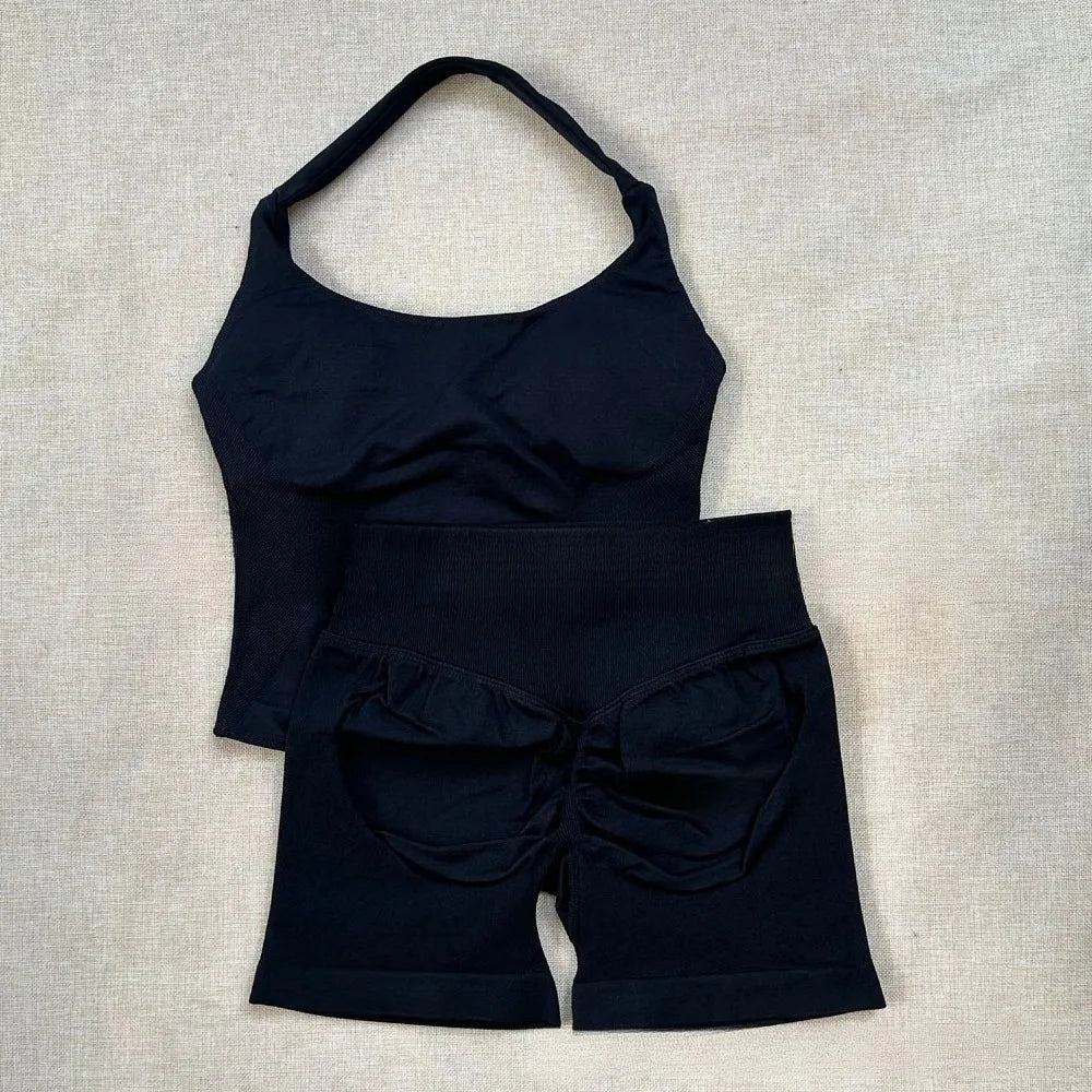 NO Logo Gym impact shorts set Strap Top Women's Long Line Strap Vest Pads Yoga Clothes Fitness Exercise Running Sports Clothes