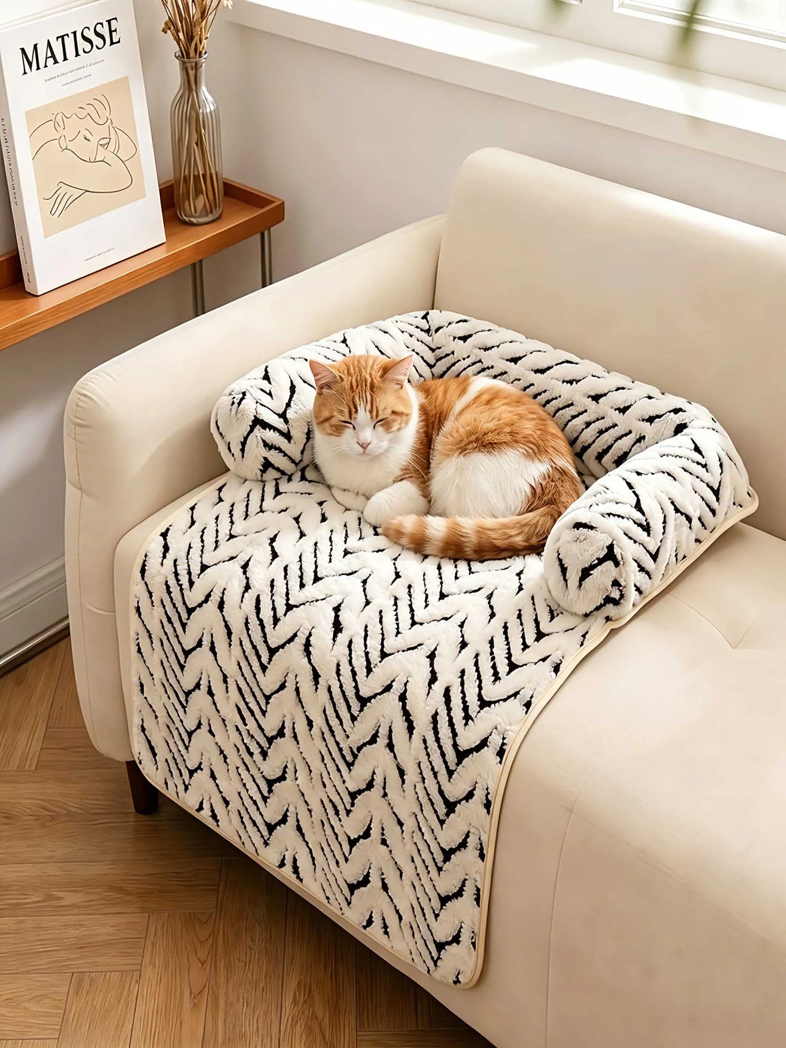 Pet Sofa Bed Mat with Side Bolsters Soft Fluffy Couch Protector Mat Anti-slip Dog Cat Bed Sleeping Cushion for Small Medium Pets