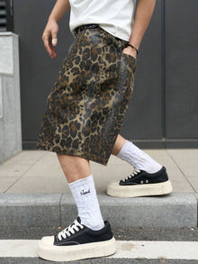 Men's Summer Retro Leopard Print Denim Shorts, Washed Loose Wide-Leg High-Street Grunge Knee-Length Denim Shorts