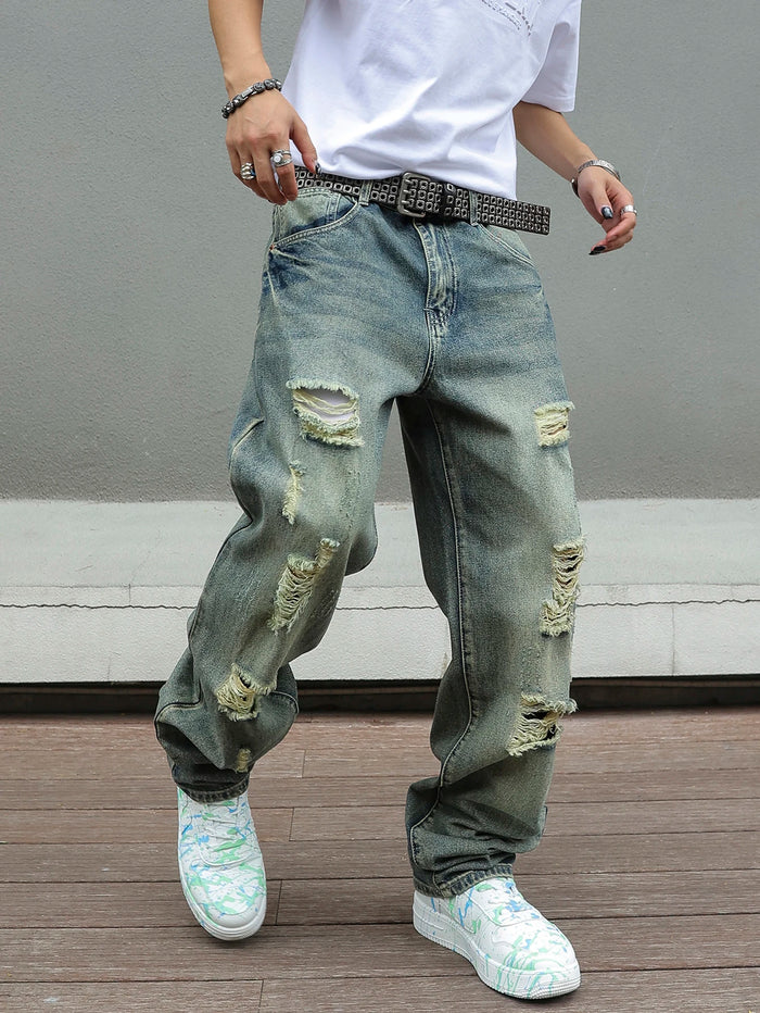 Jean skinny vieilli style Y2K pour homme, déchiré, vintage, taille haute, style streetwear hip-hop