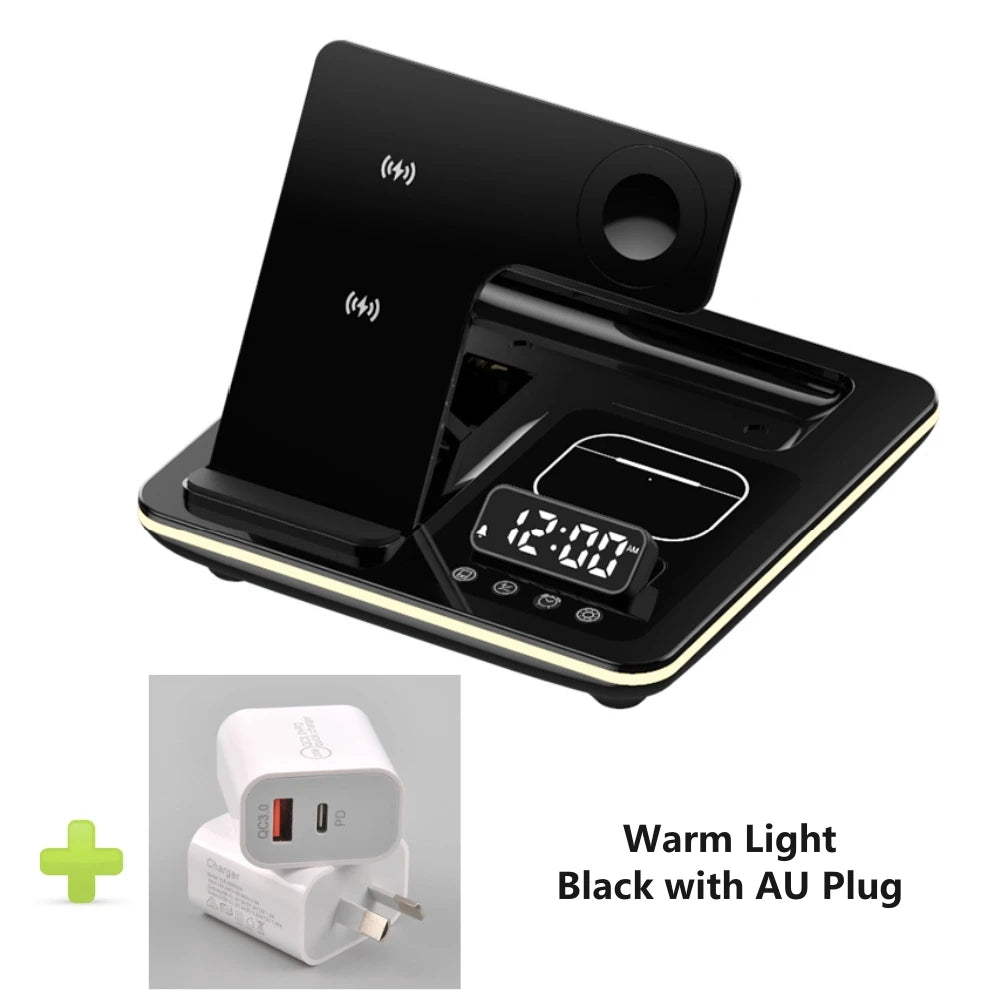 5 in 1 Warm Light Wireless Charger Dock Fast Charging Station for Apple Airpods iWatch iPhone 12 13 14 15 16 17 with Alarm clock