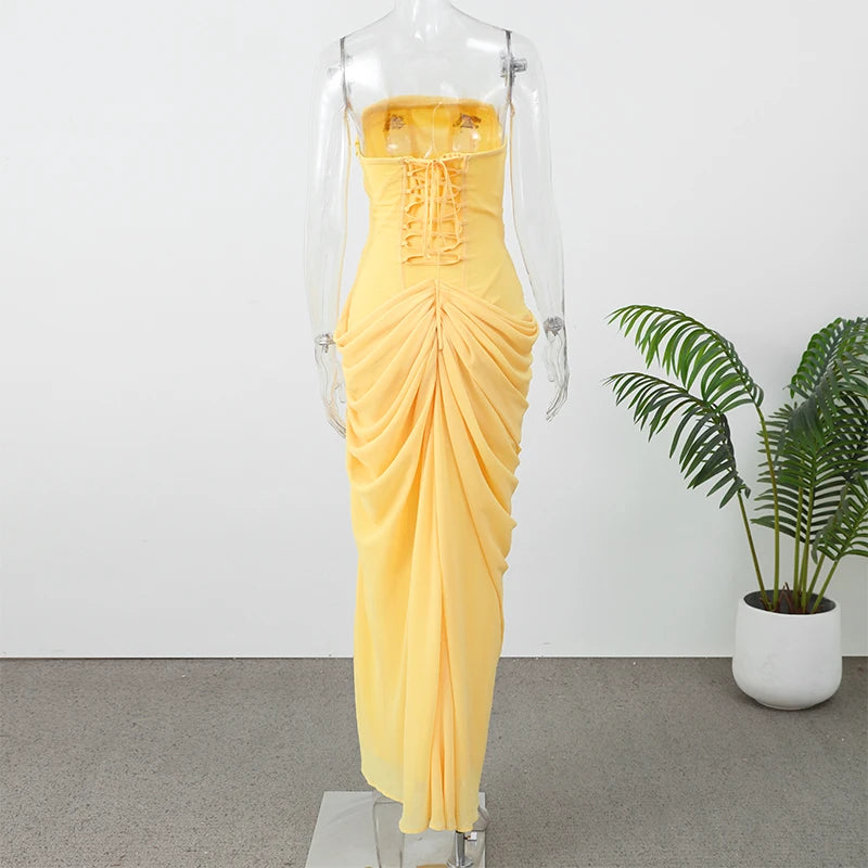 Women Strapless Pleated Long Dress Elegant Solid Split Sleeveless Backless High Waist Slim Fit Maxi Dresses 2026 Lady Party Robe