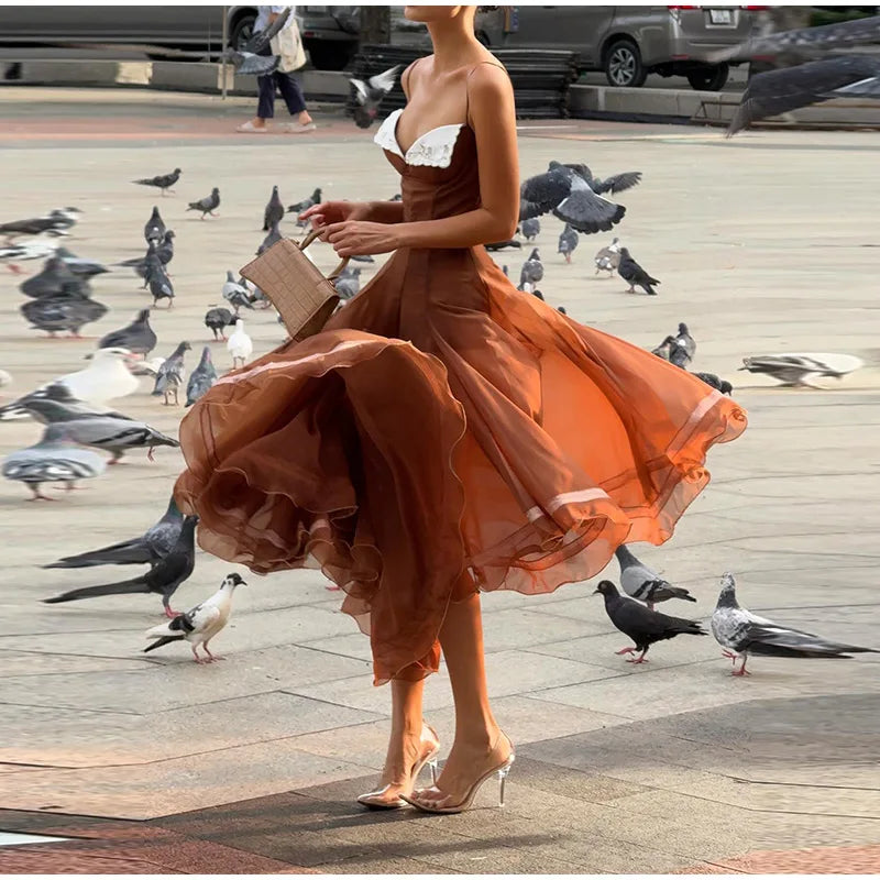 Spaghetti Strap Chiffon Lace Trim Flared Dress Sleeveless Waist Cinched 2026 Summer Formal Women Gown Chic Causal Lady Vestido