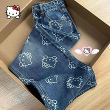 Kawaii Women Hello Kittys Printed Jeans Y2K Girls Cartoon Denim Pant Fashion High Waist Wide Leg Pant Teenager Casual Trousers