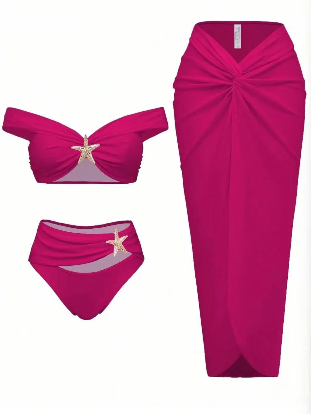 Women's Sexy Bikini Set Beachwear Metallic Starfish Bikini Folds Long Skirts Three Piece Sets Hot Girl Vacation Style Swimsuit