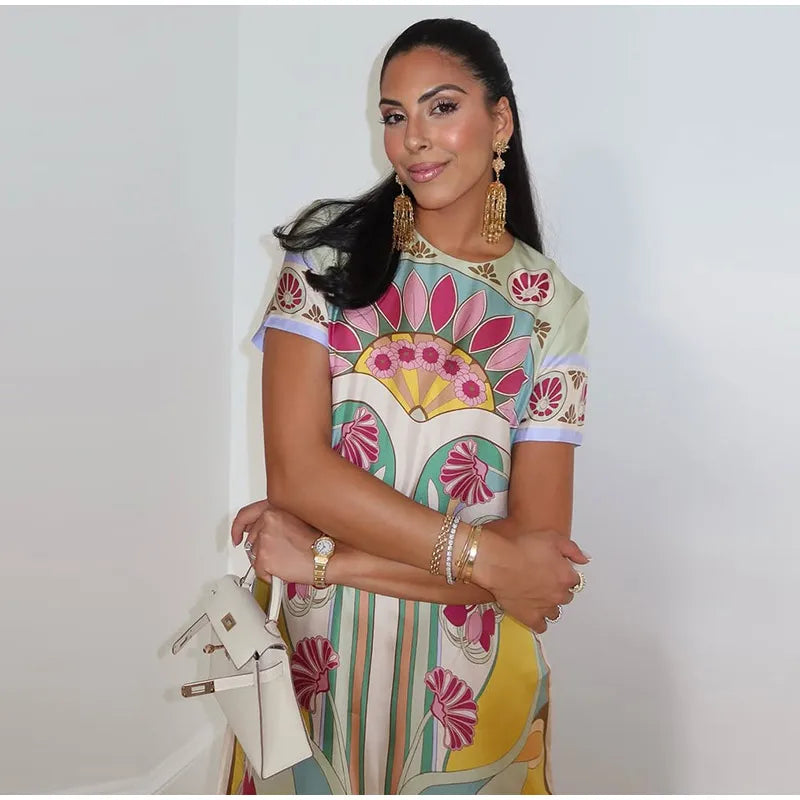Women Printed V Neck Long Dress Flared Sleeve Lotus Leaf Edge High Waist Slim Fit Maxi Dresses Lady Elegant Evening Party Dress