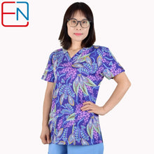 Hennar Print Vet Scrub Uniform For Women In 100% Cotton 4 pockets,XXS-5XL Pet Doctors Medical Scrub Tops