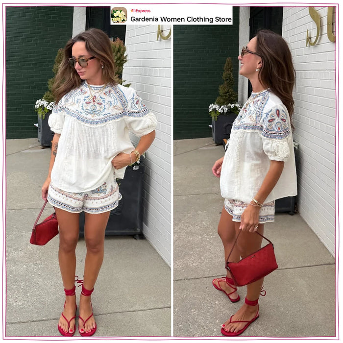 Stylish Embroidered Short Sets for Women Summer Matching Sets Round Neck Embroidered Short Sleeve Blouse and High-waisted Shorts