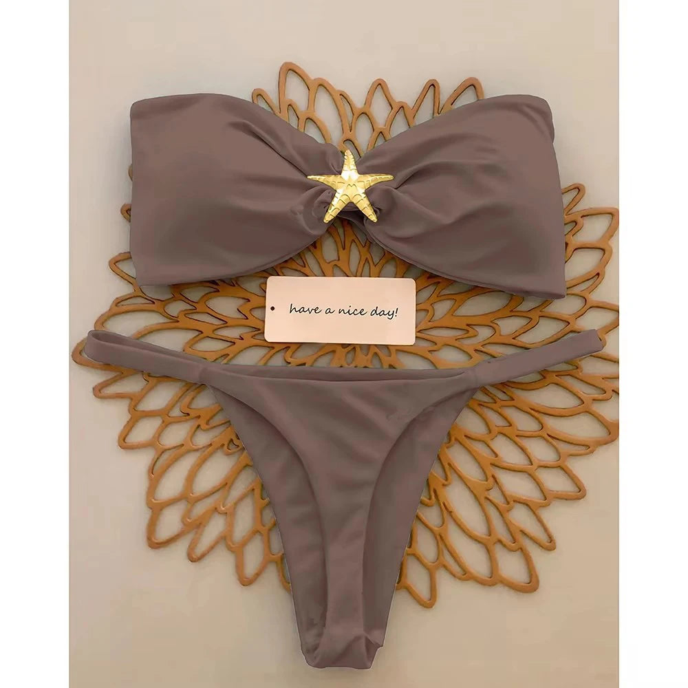Sky Blue Starfish Thong Bikini Set Push Up Bandeau Two Piece