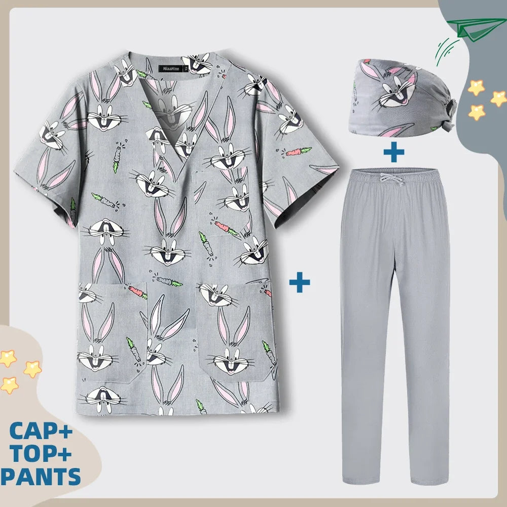 Print Dogs/Cats/Rabbit Scrub Tops Women Men Medical Scrub Shirts Pet Shop Vet Workwear Doctor Nurse Uniform Dentist Overalls Cap