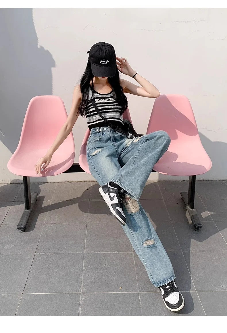 Trendy Ripped Straight Leg Jeans Women's Spring Summer High Waist Loose Wide Leg Pants Slimming Design Casual Denim Jeans