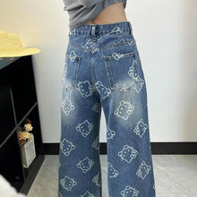 Kawaii Women Hello Kittys Printed Jeans Y2K Girls Cartoon Denim Pant Fashion High Waist Wide Leg Pant Teenager Casual Trousers