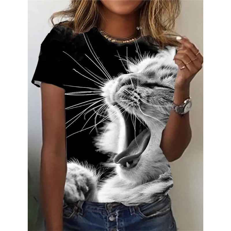 Funny Cat Pattern T Shirt For Women Cute Pet Animal 3D Tee