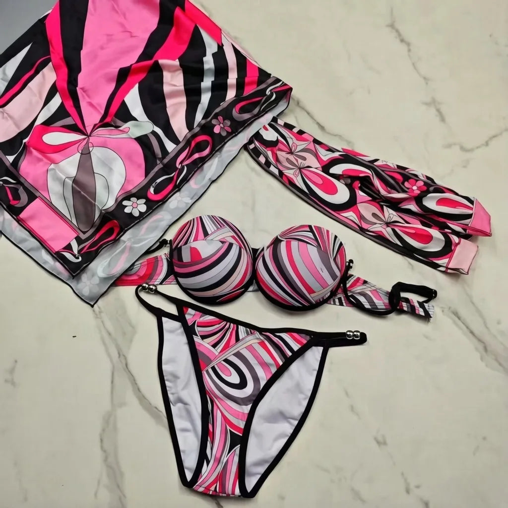 2026 Fashion Design Women's Red Scarf Sling Swimsuits Classic Brand Lady Scarf Bikini Sets with Letter Signature Logo
