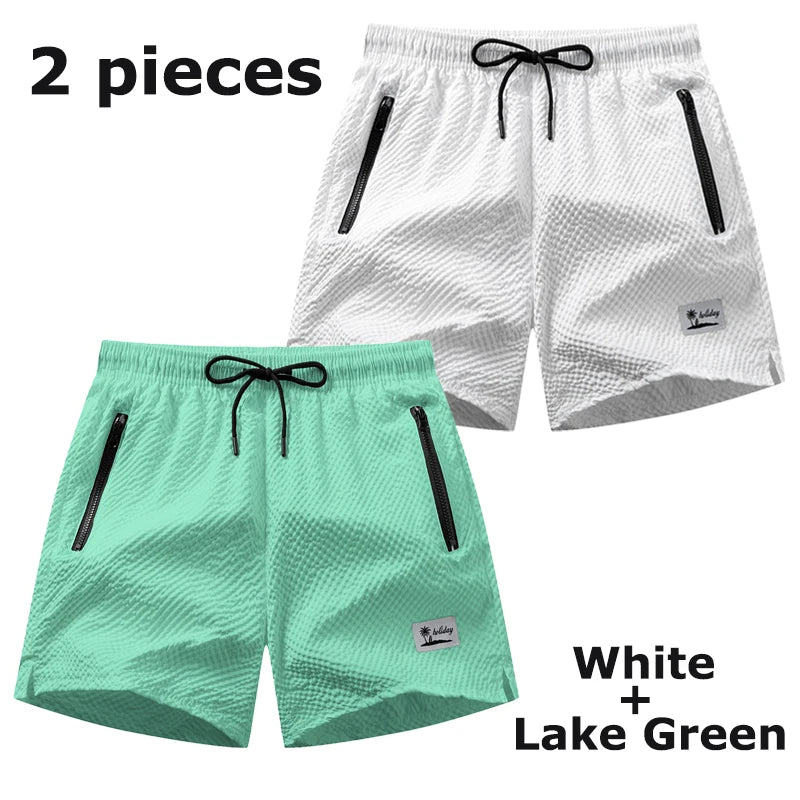 Mens Seersucker Beach Shorts With Mesh Liner Quick Dry