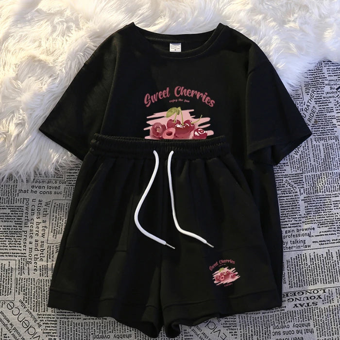 Summer New Fitness Running Casual Sports Set Women's plus Size Short Sleeve Shorts Two Piece Set round Neck Loose Fit