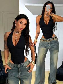 Women Halter Deep V Neck Side Ruched Slim High Cut Bodysuit 2026 Summer Y2K Streetwear Sleeveless Tank Top