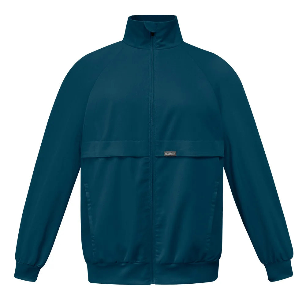 Surgical gown jacket, long sleeved jacket, stand up collar with multiple pockets, medical brush gloves, nurse work clothes
