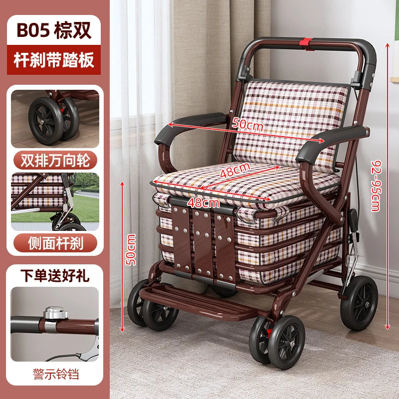 Foldable Shopping Cart with Seat 4 Wheel Walker Push Cart Large Capacity Grocery Trolley for Elderly Outdoor Mobility
