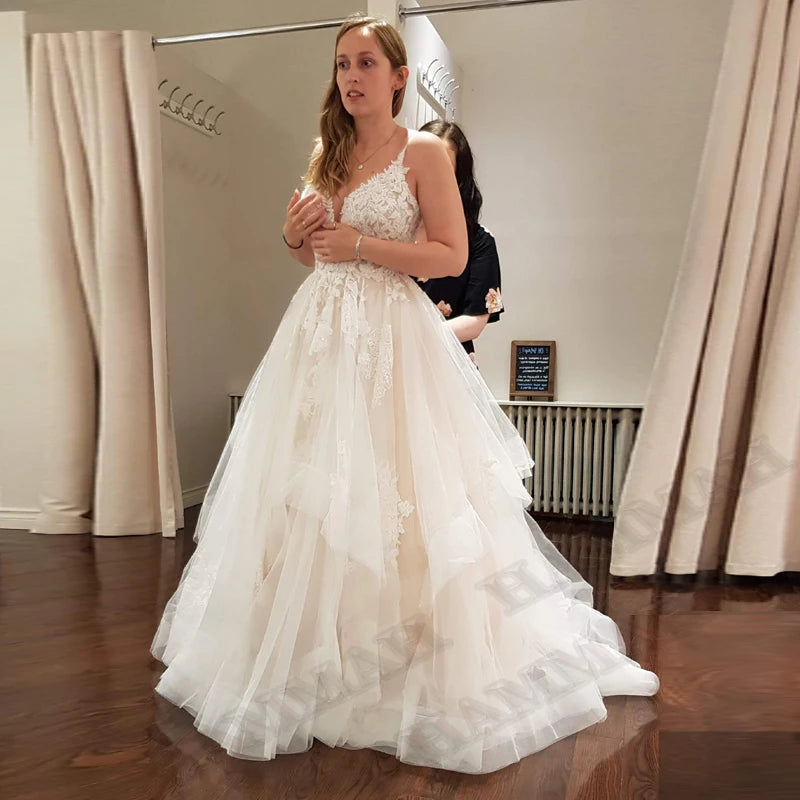 HAMMAH Elegant V Neck Wedding Dresses Mermaid Appliques Lace Spaghetti Strap Satin Court Train Robe De Mariee Customized