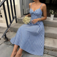 Women Gingham Maxi Dress V Neck Spaghetti Strap Knot Front