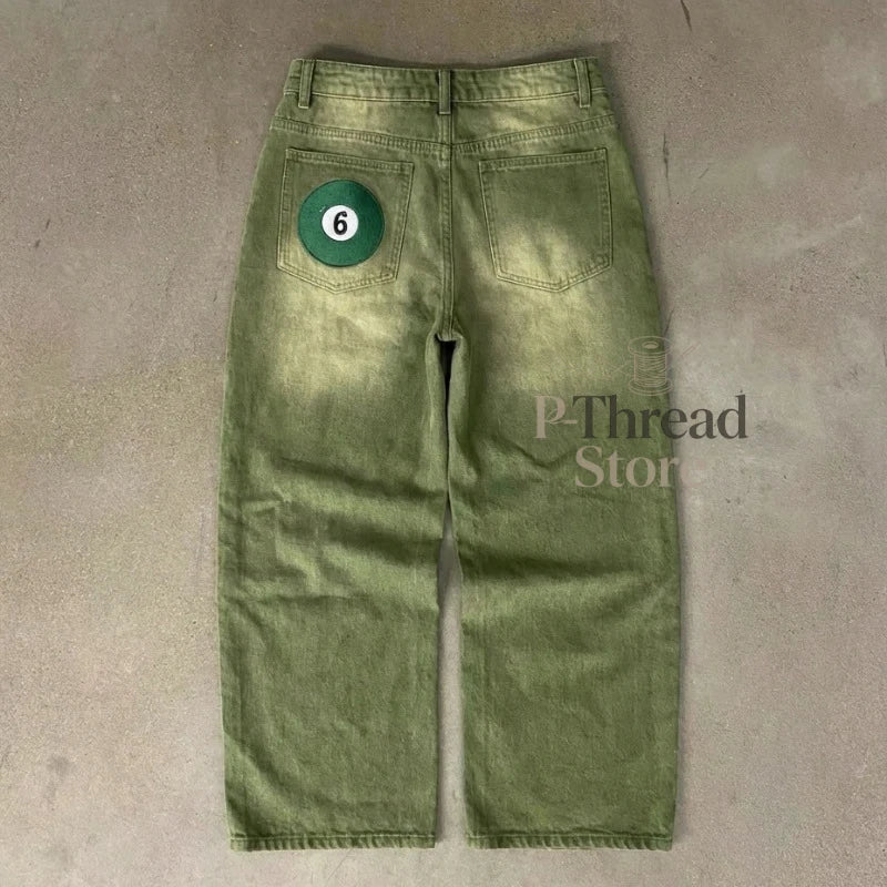 Y2K Matcha Green Baggy Denim Jeans Back Pocket 6 Billiard Ball Embroidery Loose Washed Denim Pants Unisex Streetwear Trousers