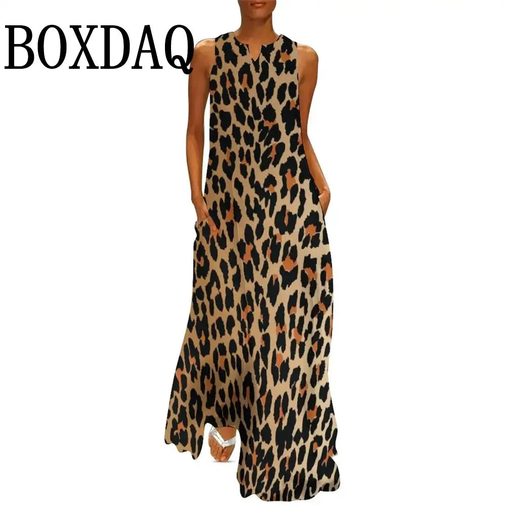 Summer Women Leopard Graphic Print Dress Fashion Elegant Casual V-Neck Sleeveless Tank Long Dresses Ladies Sexy Loose Maxi Dress