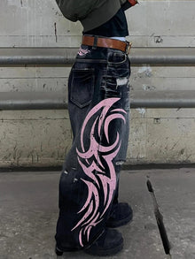 Men's Mottled Totem Print Jeans American Style Old Washed Wide Leg Retro Loose Fashion Trend Wide Leg Jeans Goth Pant Y2K Unisex