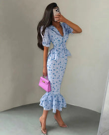 Robe longue à imprimé, col en V, taille cintrée et plissée, à revers et manches courtes, taille haute, élégante, nouvelle robe d'été pour femme