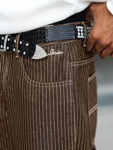 Men's vintage brown-and-white thin pinstripe loose wide-leg denim trousers, Y2K workwear street-style unisex casual jeans