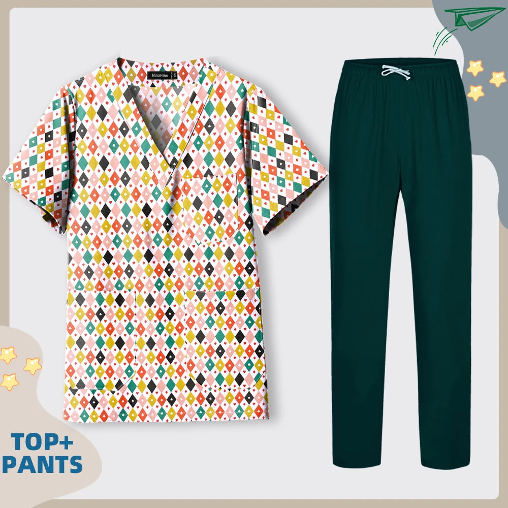 Print Dogs/Cats/Rabbit Scrub Tops Women Men Medical Scrub Shirts Pet Shop Vet Workwear Doctor Nurse Uniform Dentist Overalls Cap