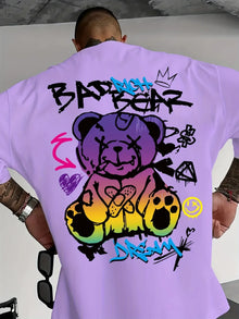 2025 Summer New Men's Little Bear Graffiti Printed Comfortable i Breathable Round Neck T-shirt Outdoor Street Style Top