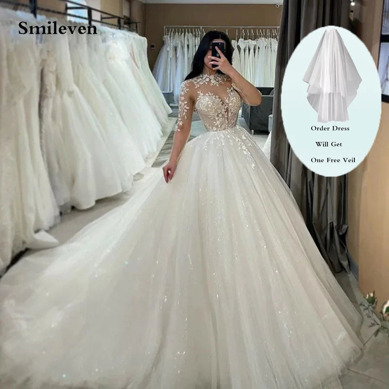 Smileven Long Sleeve Lace Wedding Dresses A Line High Neck Shiny Appliques Bridal Gowns Glitter Tulle vestidos de novia 2026