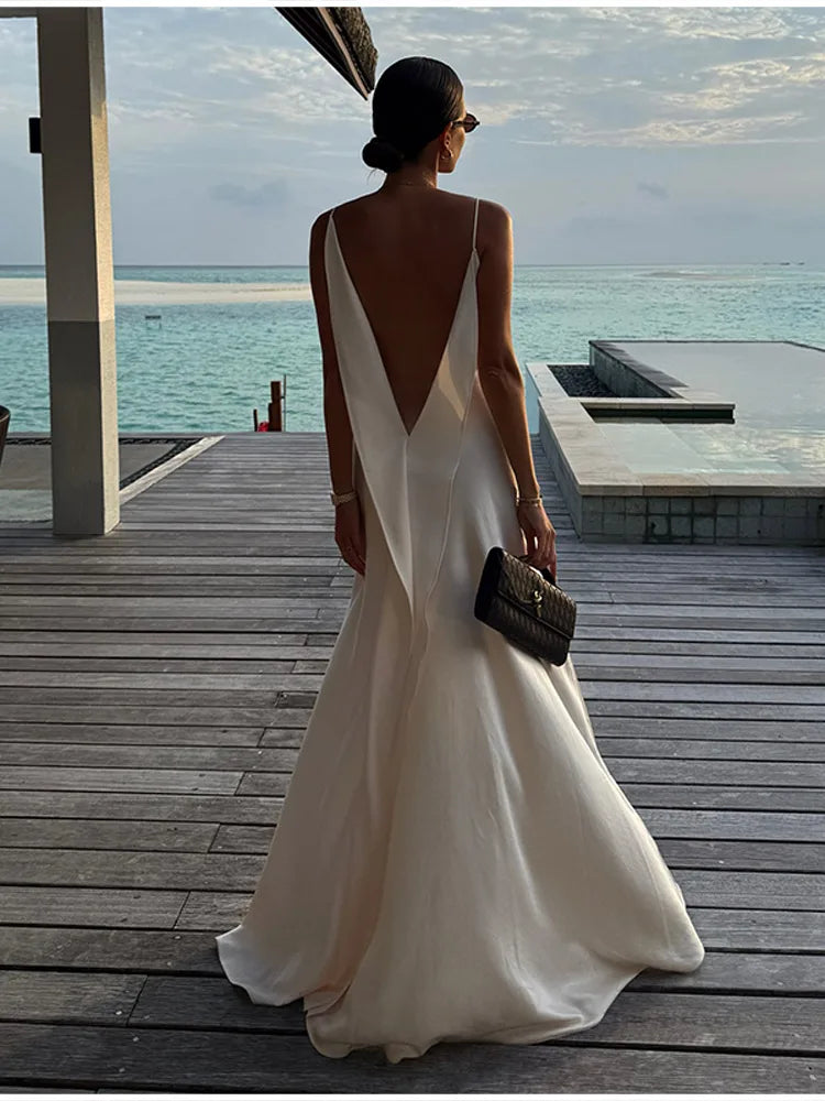 Luxury White Satin Backless Veatido Women Sexy Spaghetti Strap V-neck High Split Midi Dress Vacation Evening Party Beach Outfits