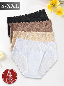 4PCS Women's Underwear Solid Color High Waist Panties Elegant Lace Floral Patchwork Briefs Comfortable Everyday Lingerie