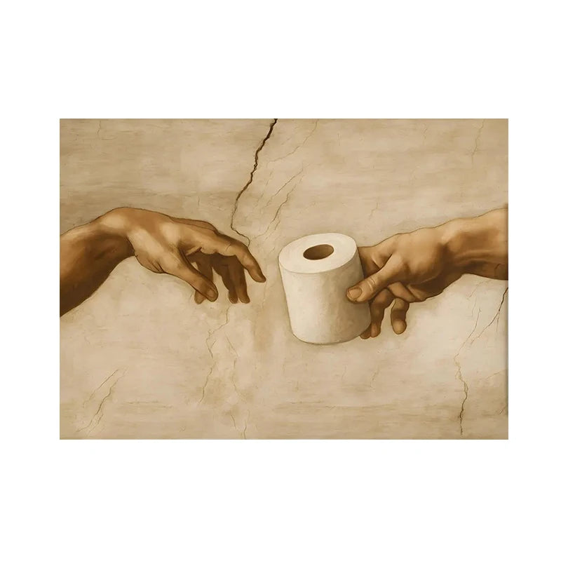 Michelangelo Toilet Paper Canvas Prints, Classic Art Toilet Humor Poster, Funny Bathroom Wall Art, Quirky Renaissance Decor