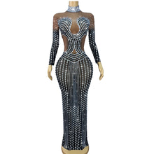 Sparkly black Big Rhinestone Transparent Long Dress Evening Birthday Celebrate Luxurious Costume Dancer Flashing Dress