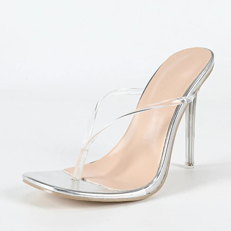 Liyke Summer Slippers Women PVC Clip Square Toe Perspex Stiletto Transparent Sandals Ladies Shoes Clear High Heels Flip Flops