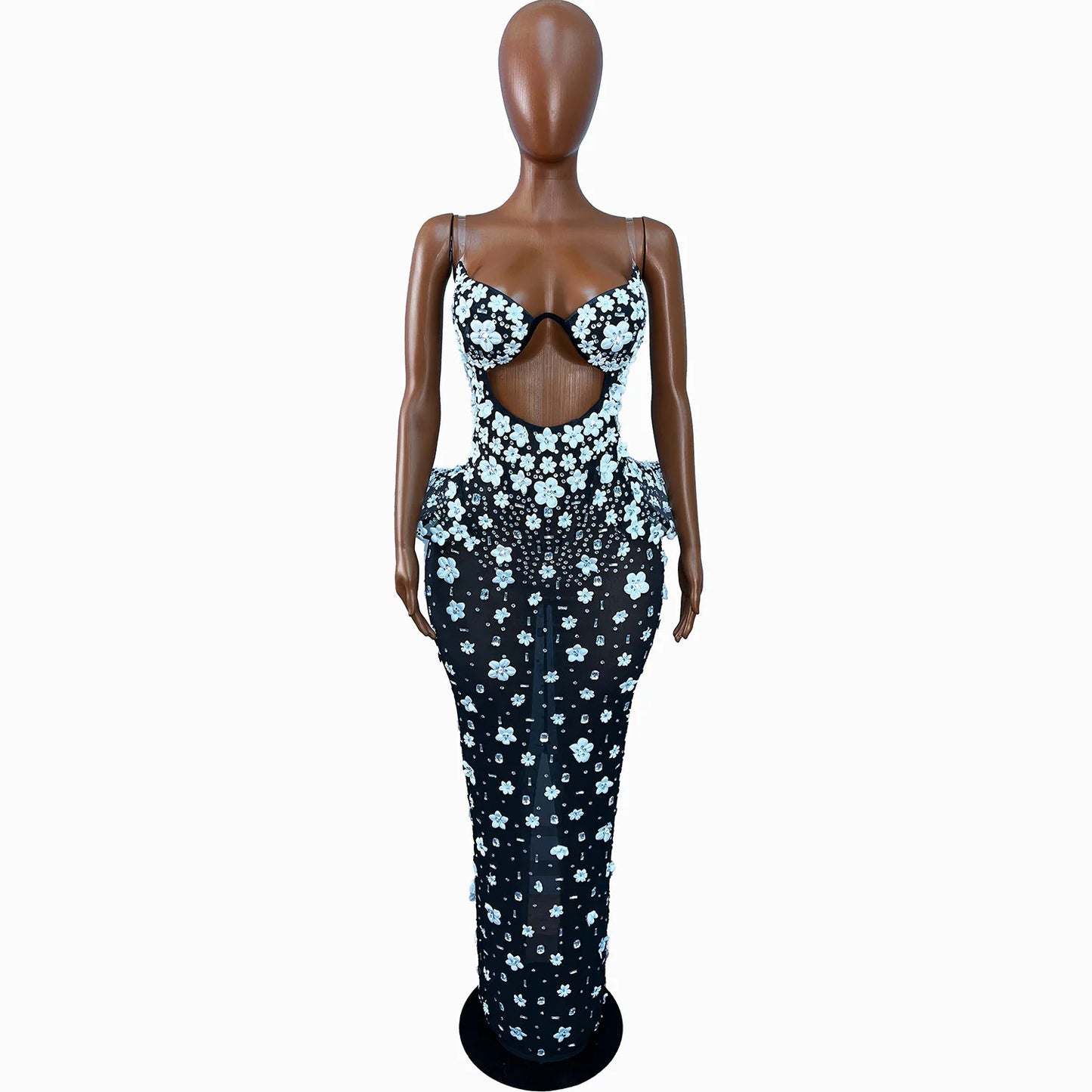 black flower Full Diamond Strap Wrap Hip Back Split Long Dress Birthday Celebration Party Dress Photoshoot Prom  Dress