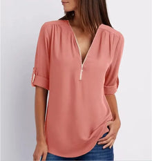 2025 Hot Sale Women Cool Loose Shirt Deep V Neck Chiffon Fashion Blouse Casual Ladies Tops Sexy Zipper Pullover Plus Size