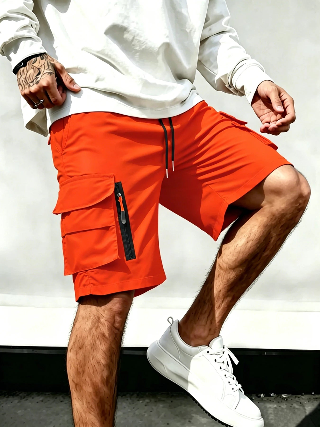 Men's Techwear Cargo Shorts with Multi Zipper Pockets, Elastic Drawstring Waist, Contrast Zipper Detail, Quick Dry Fabric for St