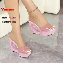 Fashion Transparent Crystal Slippers Women 10.5CM Wedges Clear High Heels Platform Sandals 2026 Summer New Model Catwalk Shoes