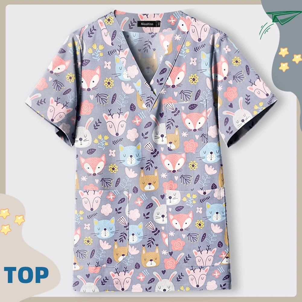 Print Dogs/Cats/Rabbit Scrub Tops Women Men Medical Scrub Shirts Pet Shop Vet Workwear Doctor Nurse Uniform Dentist Overalls Cap