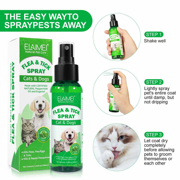 Spray anti-puces et tiques naturel pour chiens et chats, 100 ml, au parfum frais d'huile essentielle de menthe poivrée et d'eugénol