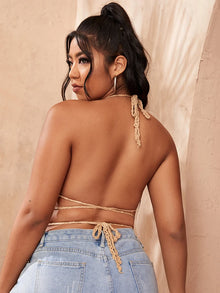 Plus Size Crochet Shell Tassel Bikini Top Tie Back Halter