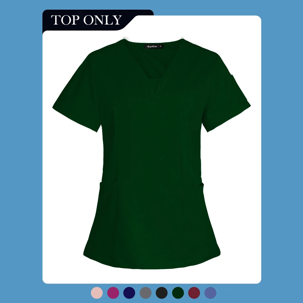 V-neck Short Sleeved Top Fashion Nurse Uniform Dentist Veterinary Work Uniform Unisex Healthcare Nurse Clothing Scrun Women Mens