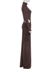 Robe longue élégante Nibber style hipster, sans taille, froncée, col roulé, manches longues, design évidé, pour femme, style automne, idéale pour bal ou soirée, coupe moulante