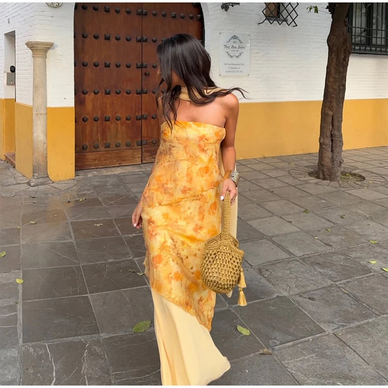 Vintage Floral Print Strapless Patchwork Dress Women Elegant Sleeveless Backless Ribbon Split Dresses Summer Female Party Robes