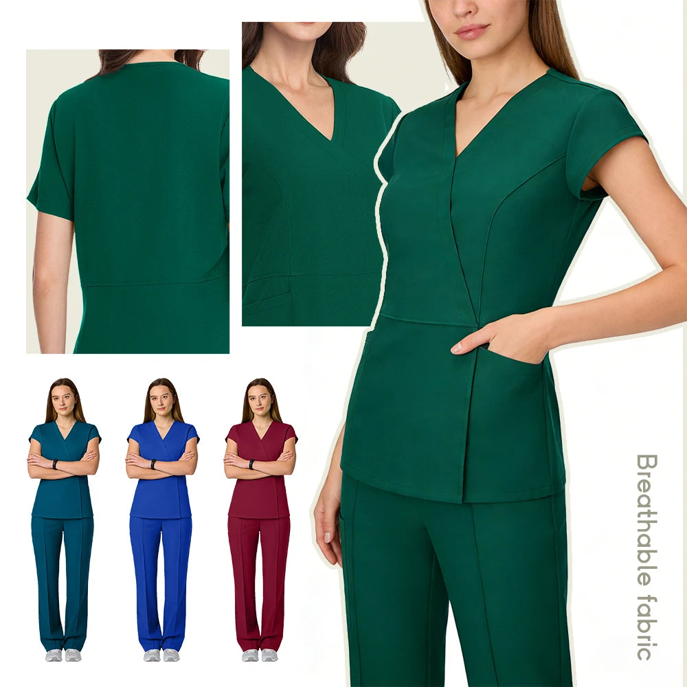 Scrubs Set Nurse Medical Uniforms Doctor Surgery Overalls Beauty Salon Workwear Short Sleeve V-neck Tops+Pants Sets Women Unisex