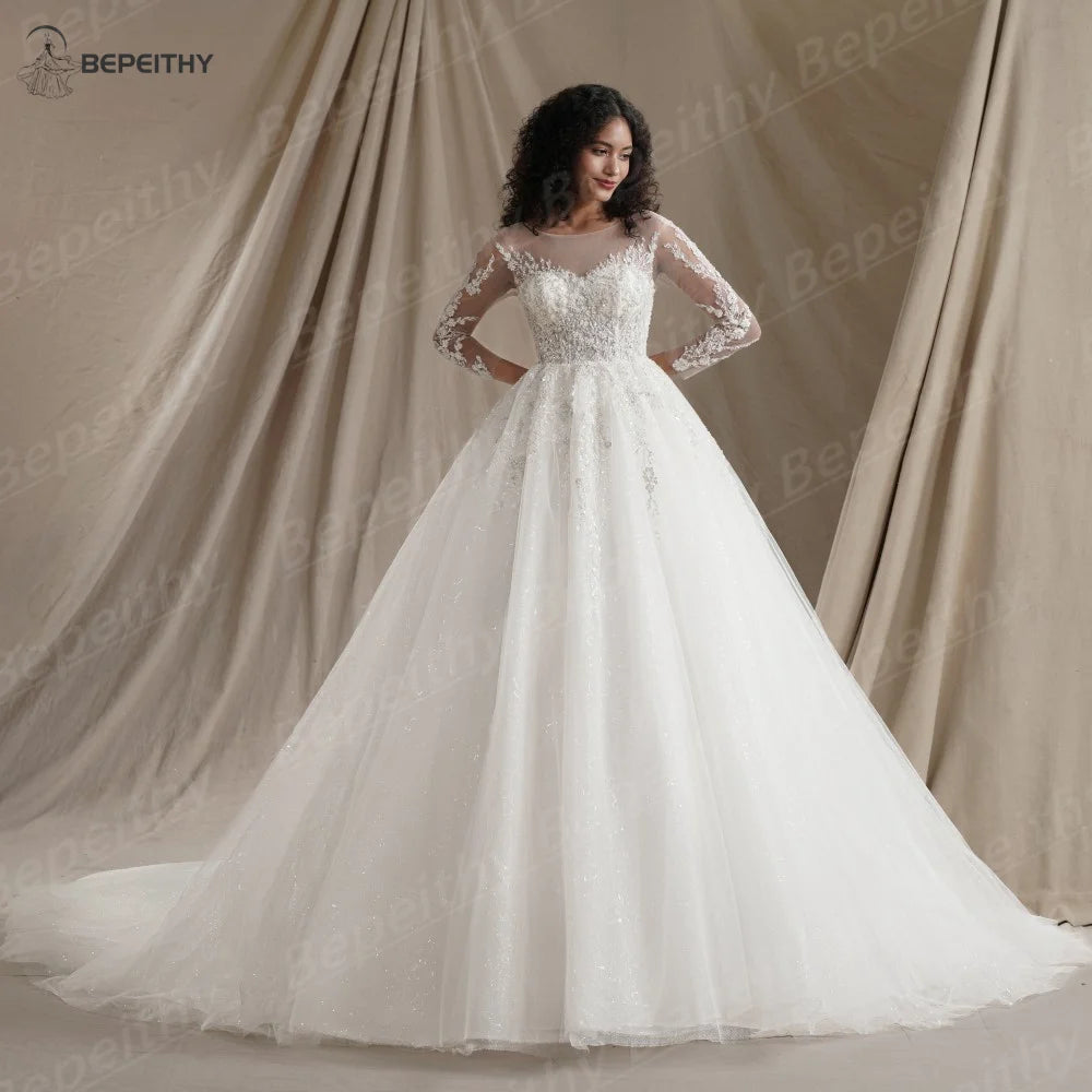 BEPEITHY Customized Muslim Long Sleeves Wedding Dresses 2026 Winter Women Princess Bridal Ivory Luxury Glitter Ball Gown Bride